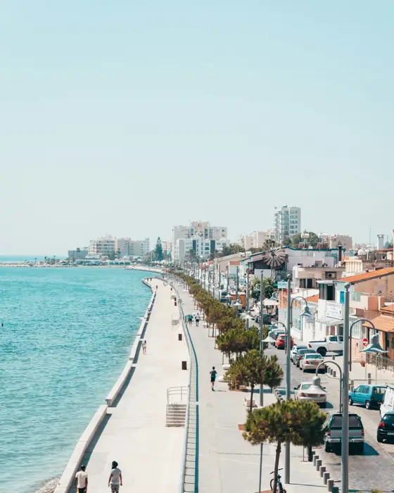 Mediterranean seafront promenade lined with palms
